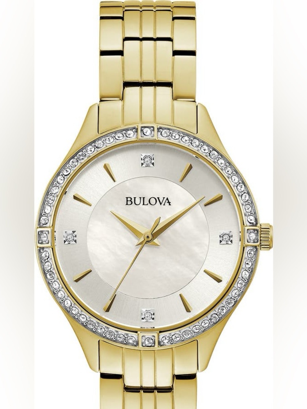 Bulova Gold-Tone Women's Crystal Bezel Watch with Mother-of-Pearl Dial